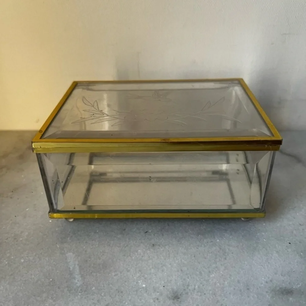 Vintage acrylic Jewelry Box with Gold brass Trim